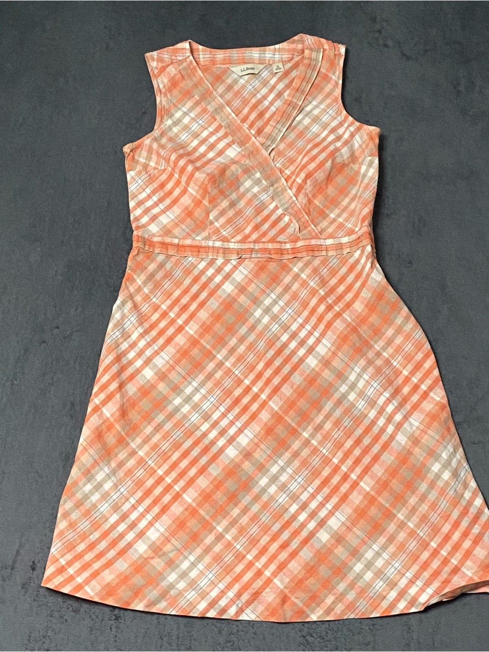 L.L. Bean Dress Womens 14 Peach Plaid Sundress Linen Cotton Spring Summer Resort